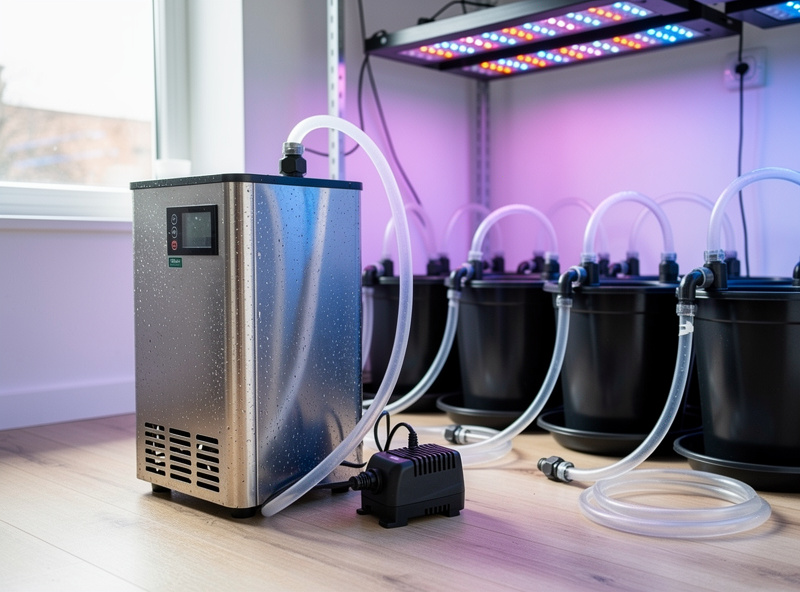 Hydroponic water chiller and aquarium air pump beside a row of black DWC buckets in an indoor grow space