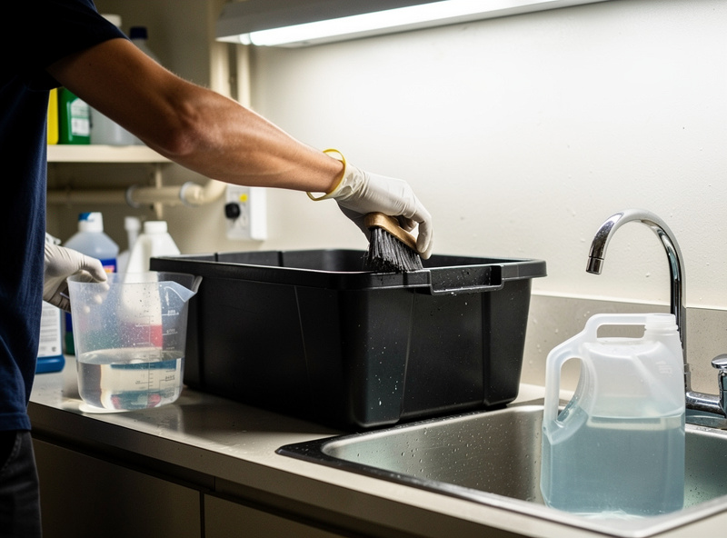 Cleaning an emptied black hydroponic reservoir tote with a brush beside a sink with cleaning solution and a refill jug