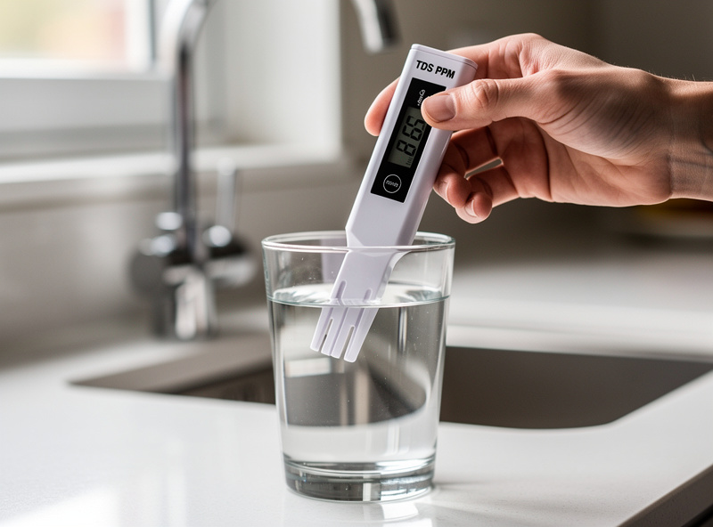 Hand dipping a digital TDS PPM meter into a glass of tap water to read its starting value