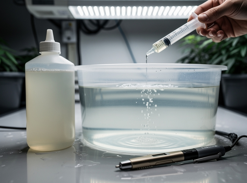 CalMag supplement being added to a reservoir of pure RO water with a measuring syringe