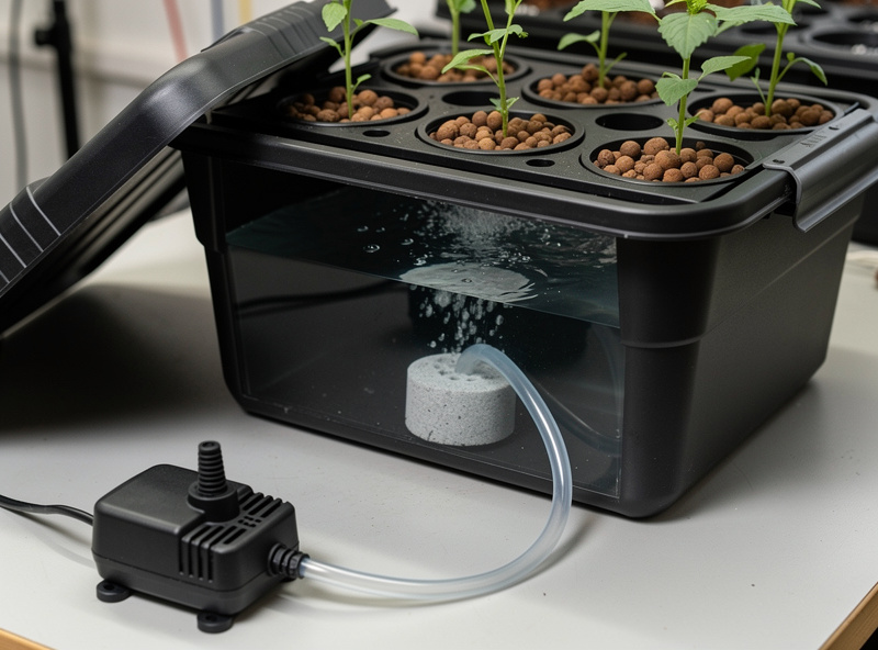 Air pump connected via tubing to an air stone placed inside a black hydroponic reservoir tote with net pots in the lid