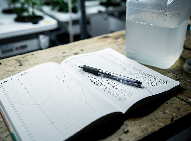 Hydroponic logbook showing EC readings climbing over several days beside an EC pen and a jug of plain water