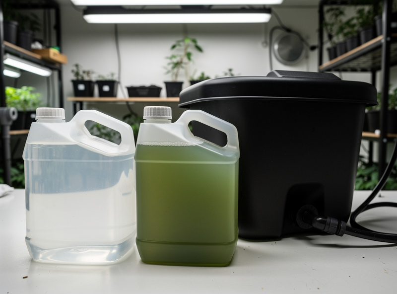 Two jugs side by side, one plain water and one mixed nutrient solution, beside a hydroponic reservoir