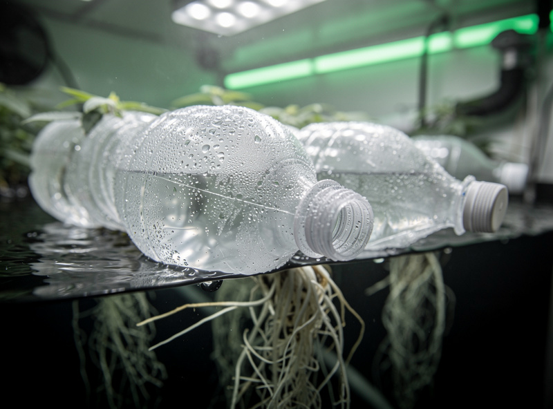 Frozen water bottles floating in a hydroponic reservoir to cool the nutrient solution during summer