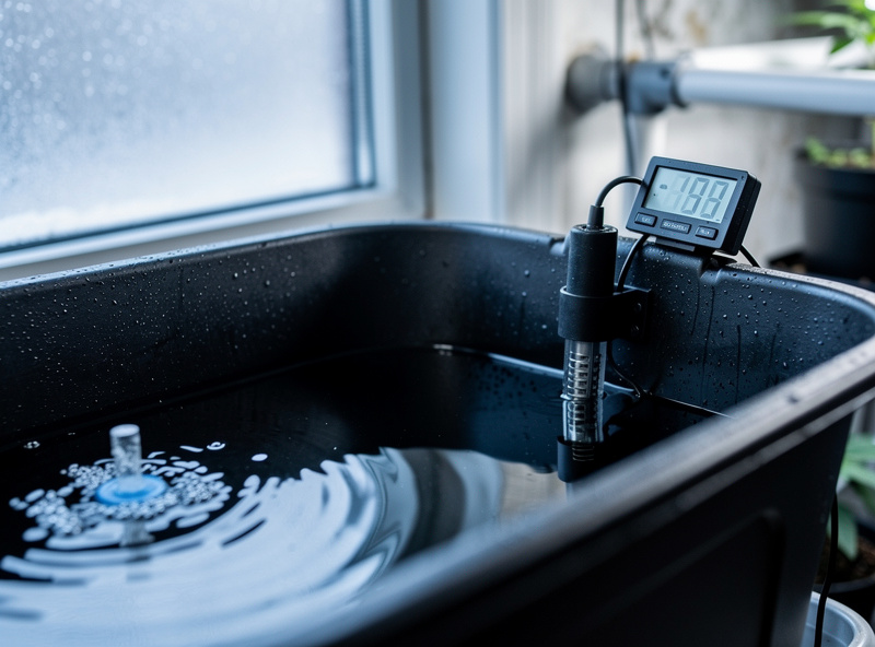 Small aquarium heater clipped inside a hydroponic reservoir in a cold room with a thermometer reading