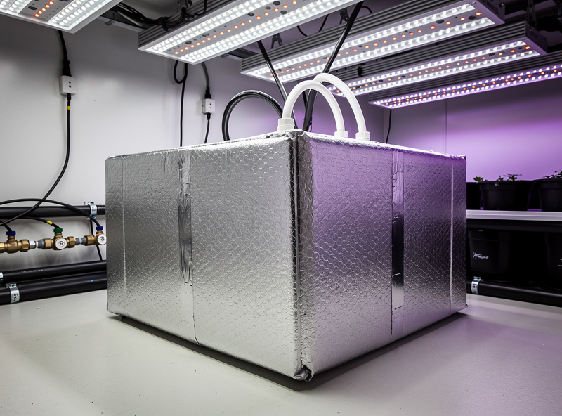 Hydroponic reservoir wrapped in reflective insulation foam panels to stabilize water temperature