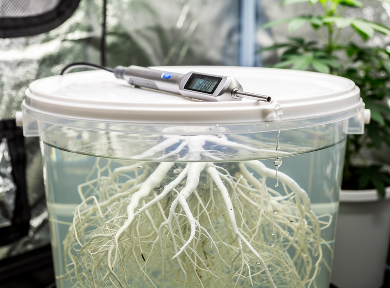Freshly refilled hydroponic reservoir with clean solution and healthy white roots, EC pen showing a fresh reading