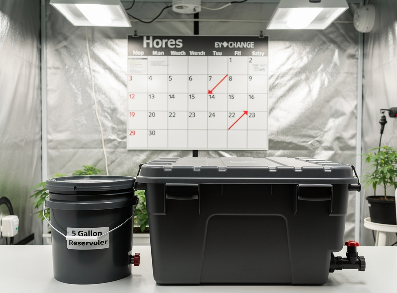 Small reservoir bucket and large tote side by side with a calendar showing different change frequencies