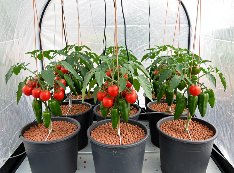 Hydroponic tomatoes and peppers growing in Dutch buckets on a string trellis