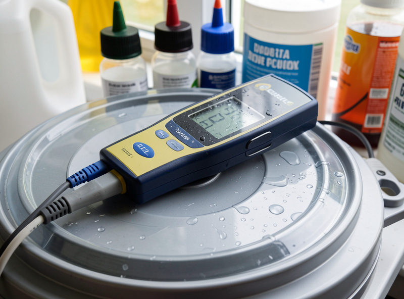 Digital EC and pH meter resting on a hydroponic reservoir lid beside calibration solutions