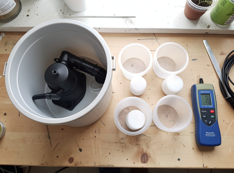 Hydroponic equipment laid out on a bench: opaque reservoir, air pump, air stones, net pots and meters