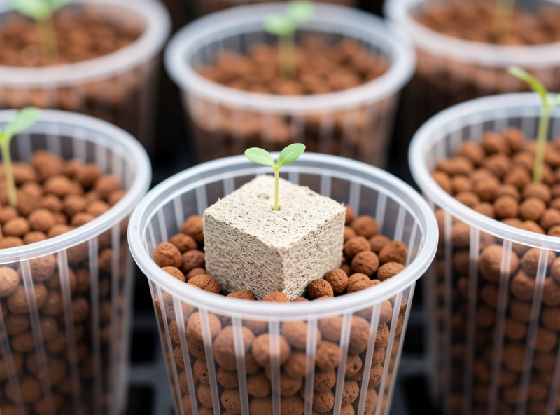 Close-up of net pots filled with clay pebbles and a rockwool cube holding a seedling