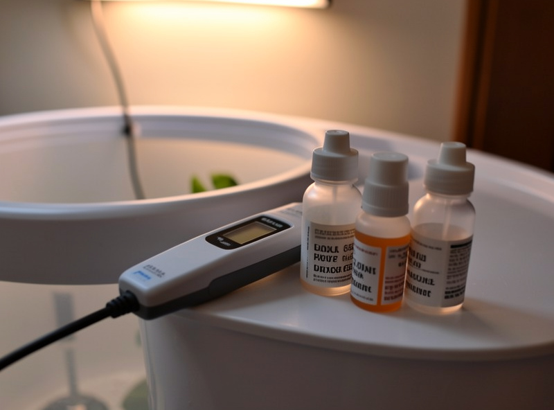 An EC pen and a pH pen resting beside a hydroponic reservoir with calibration solution bottles