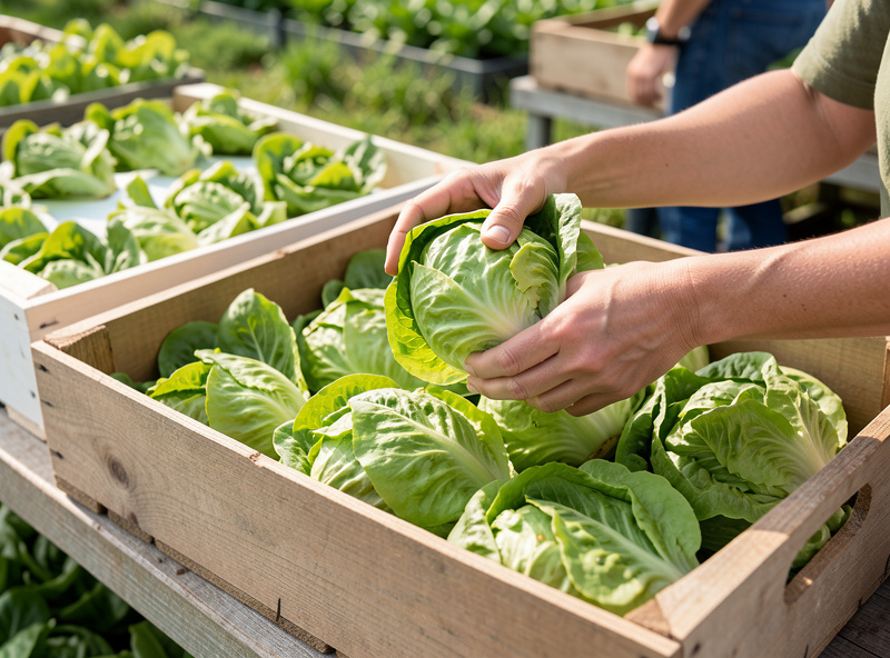 Hydroponic lettuce being packed into boxes for local sale at a small farm