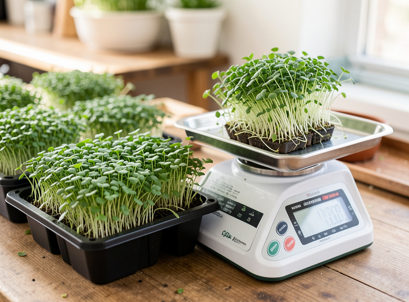 Trays of microgreens and herbs being weighed and prepared for premium local sale