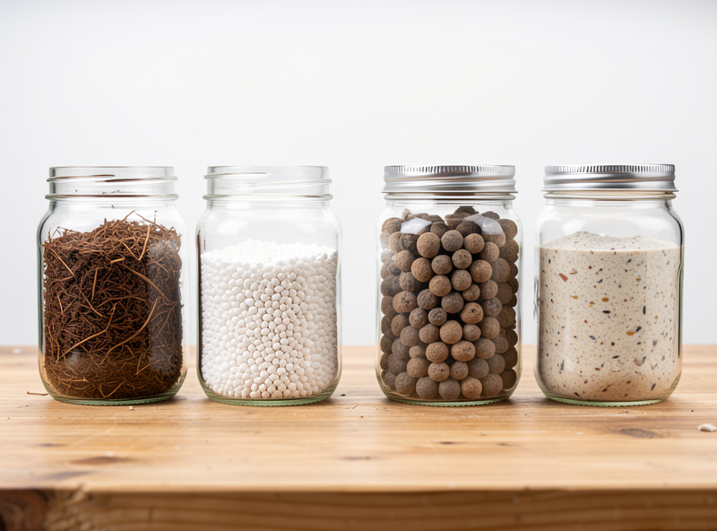 Glass jars filled with coco coir, perlite, clay pebbles, rockwool, and a coco-perlite blend