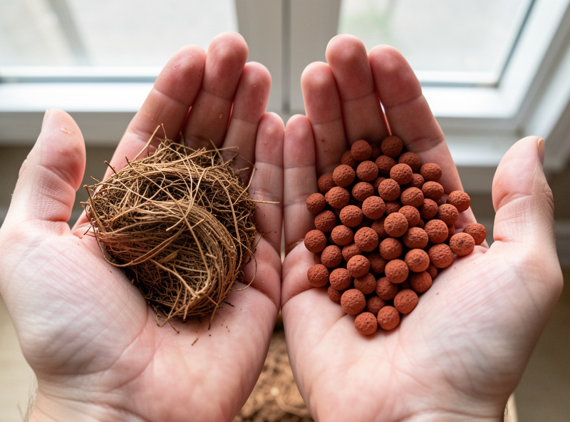 Two hands comparing the texture of moist coco coir and reddish clay pebbles side by side