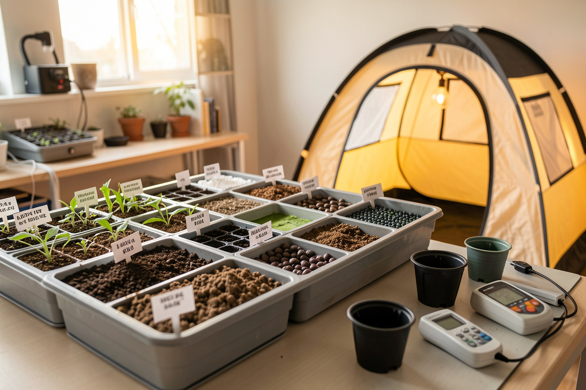 Indoor hydroponic workbench with bins of growing media, net pots, and meters
