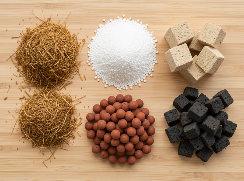 Overhead comparison of coco coir, perlite, clay pebbles, and rockwool growing media in separate piles