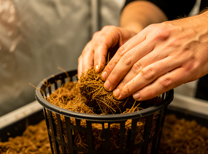 Hands pressing moist coco coir into a black net pot inside a grow tent