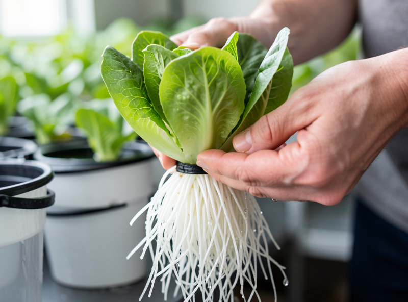 Hands harvesting a butterhead lettuce head from a DWC net pot with a healthy white root mass below
