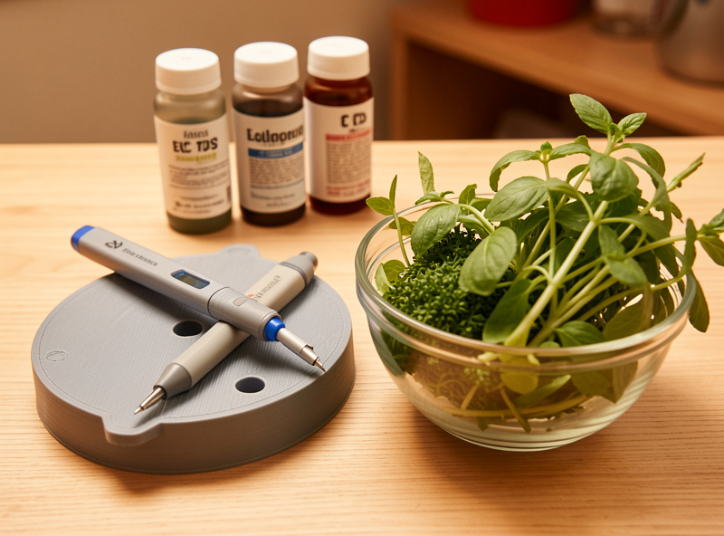 An EC pen and pH pen on a 3D-printed reservoir lid beside a bowl of freshly cut hydroponic herbs and calibration solution