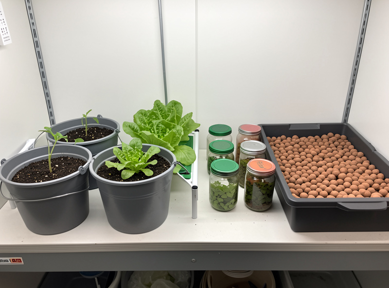 Four hydroponic systems running side by side on a bench: DWC buckets, an NFT channel, Kratky jars and an ebb and flow clay pebble tray