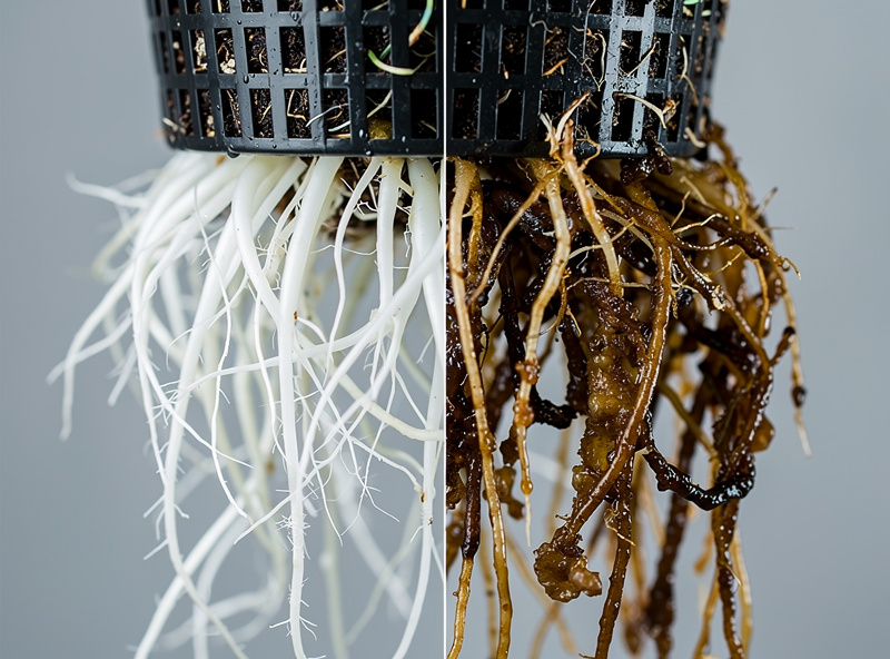 Healthy white hydroponic roots in a net pot next to brown slimy root rot for comparison