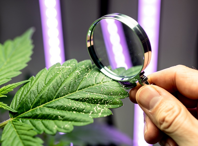 Grower inspecting the underside of a hydroponic plant leaf with a magnifying loupe for spider mites