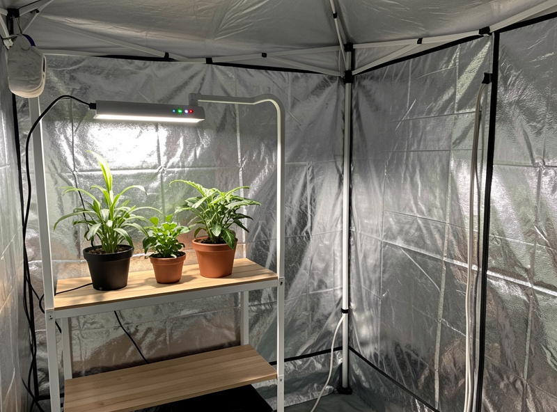 A separate quarantine shelf with new plants under a small light, away from the main hydroponic grow tent