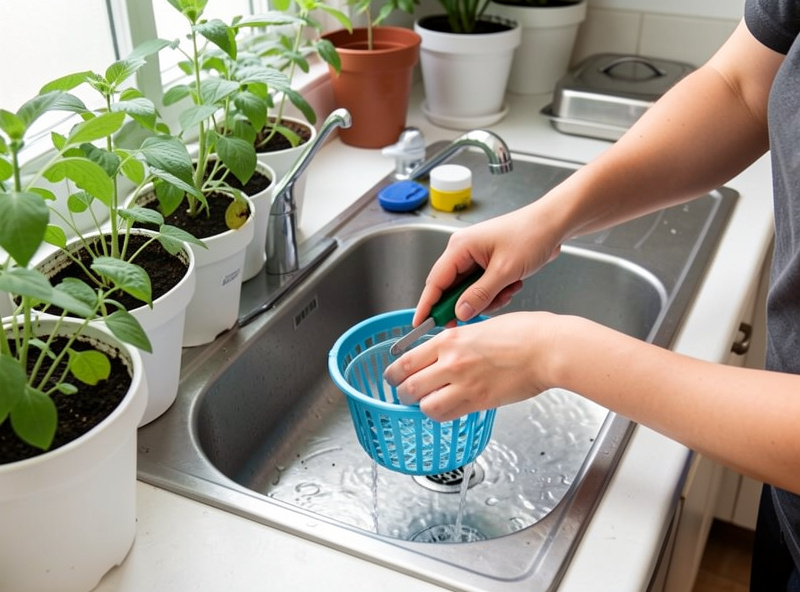 Grower cleaning and sterilizing hydroponic net pots and tools at a sink between crops