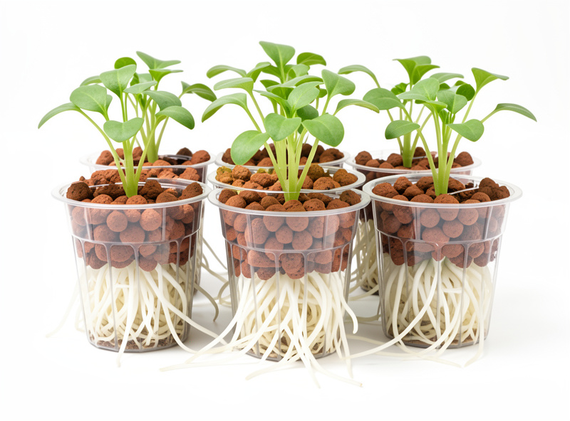 Hydroponic seedlings in net pots with clay pebbles showing healthy white roots ready for transplant