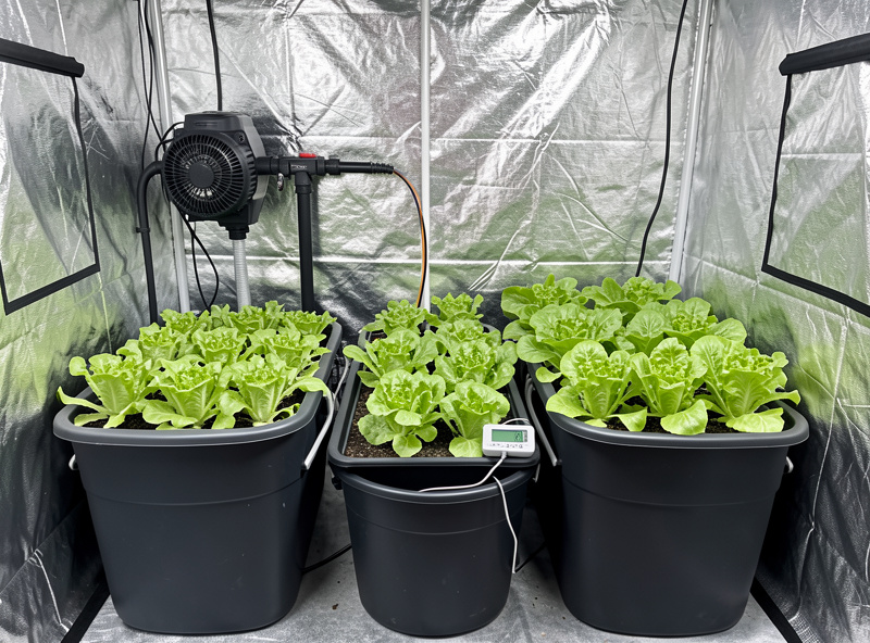 Indoor hydroponic grow tent with DWC totes, air pump and a digital thermometer reading reservoir temperature
