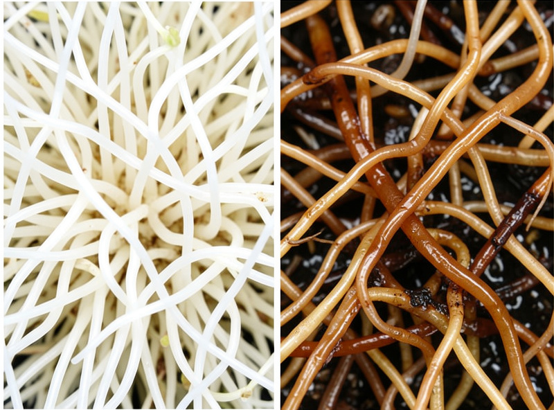 Close-up of healthy white hydroponic roots in an oxygenated deep water culture reservoir versus brown rotted roots