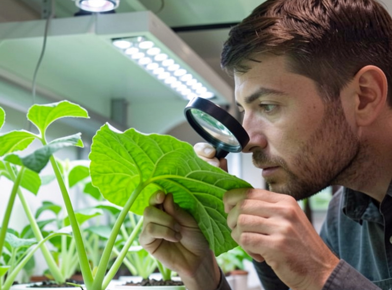 Grower inspecting the underside of a hydroponic plant leaf with a magnifying loupe under grow lights