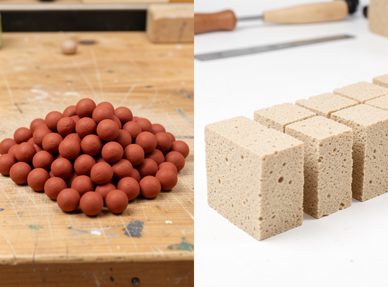 Clay pebbles piled on the left and rockwool cubes lined up on the right on a workbench