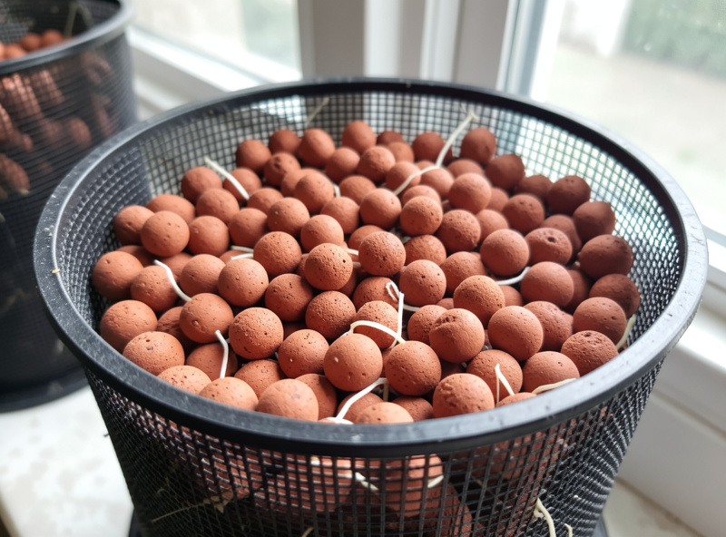 Reddish-brown clay pebbles filling a black net pot with white roots growing between them