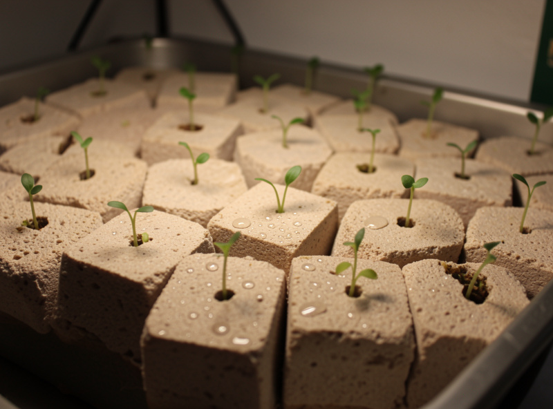 A tray of beige rockwool starter cubes with small green seedlings emerging