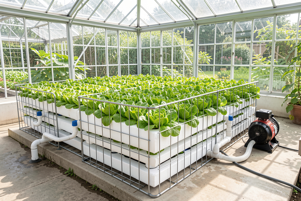 An IBC tote hydroponic raft system in a greenhouse with lettuce floating on a foam raft