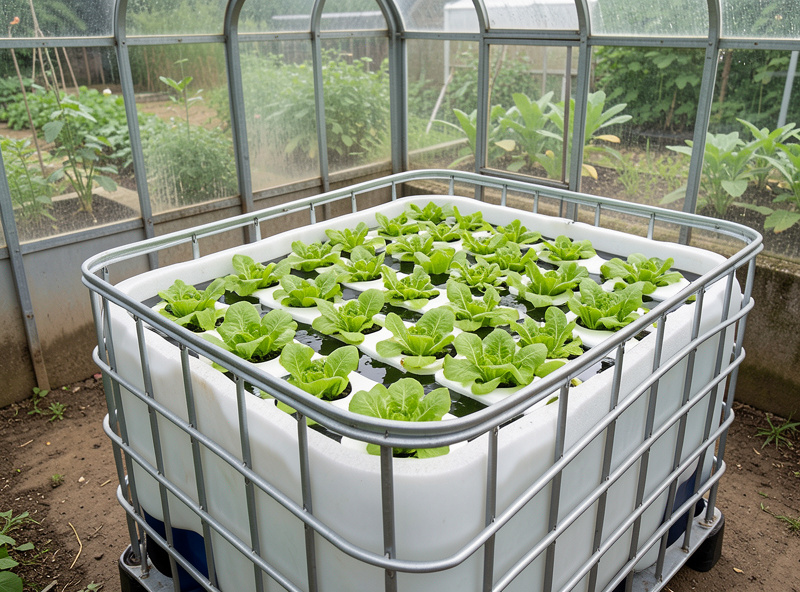 A 275-gallon IBC tote cut into a deep raft hydroponic bed with a floating foam raft full of lettuce