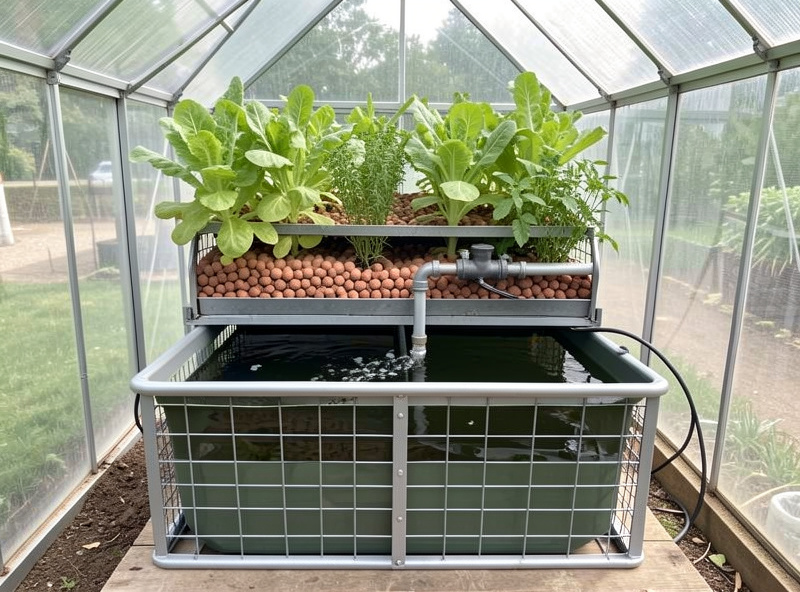 An IBC tote aquaponic system with a lower caged tank and a grow bed of lettuce plumbed above it