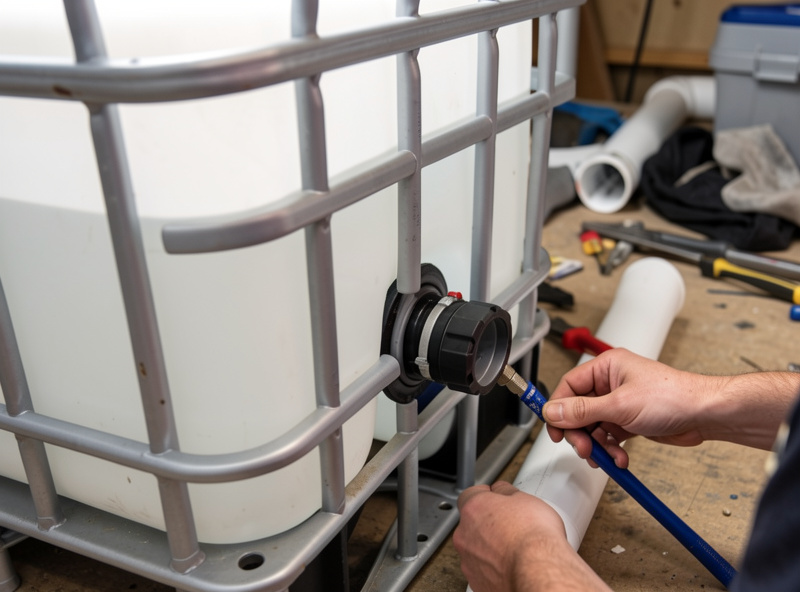 Installing a uniseal bulkhead fitting into the side of a white IBC tote during a hydroponic build
