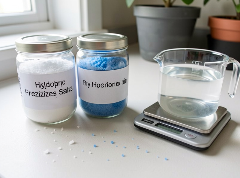 Three labeled jars of dry Masterblend hydroponic salts beside a digital scale and a beaker of mixed nutrient solution