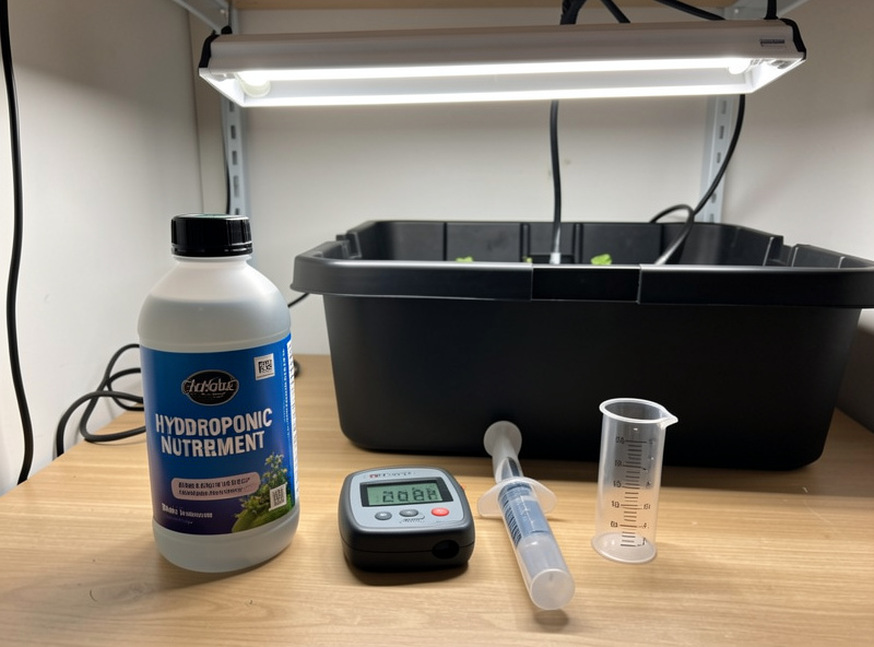 Liquid hydroponic nutrient bottle beside an EC TDS meter pen and dosing syringe at a dark reservoir tote