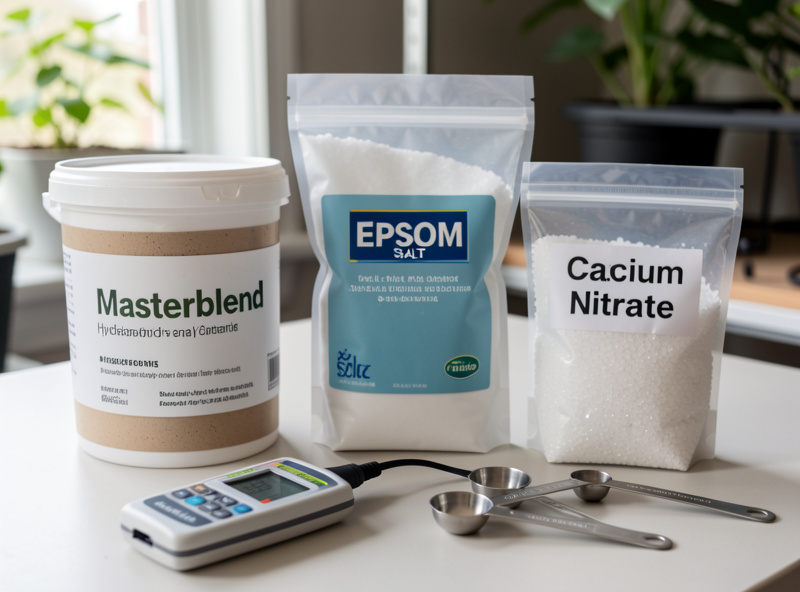 Masterblend powder, Epsom salt and calcium nitrate in labeled containers beside an EC meter and measuring spoons on a workbench