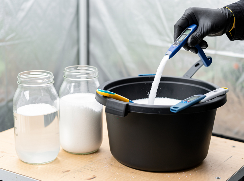 Three jars of separately dissolved hydroponic salts being added one at a time to a full reservoir tote with EC and pH pens on the rim