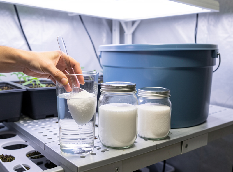 Three jars of nutrient salts dissolving separately in water beside a 5 gallon reservoir bucket