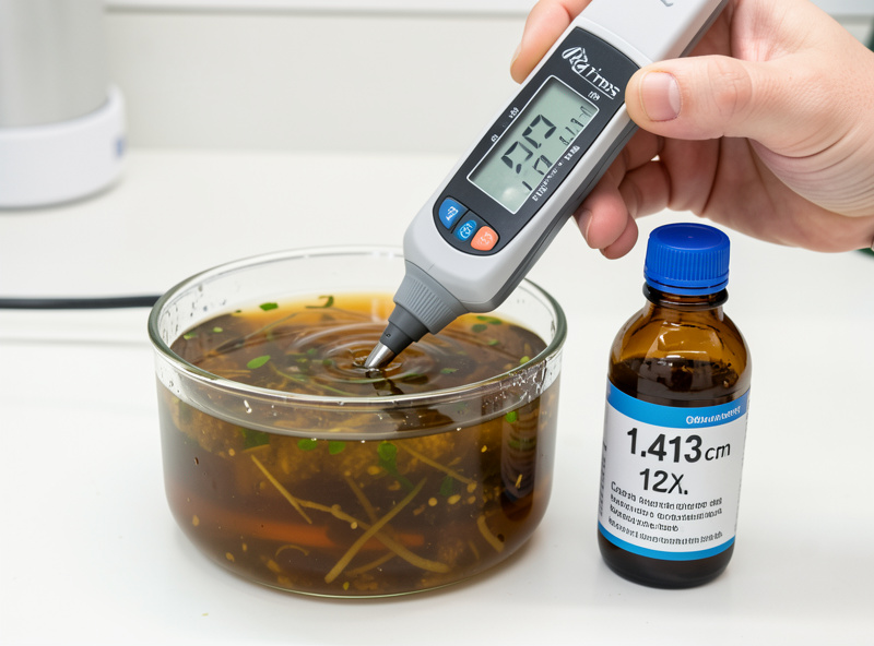 Calibrated EC pen reading about 2.0 mS/cm in mixed nutrient solution beside a bottle of 1.413 calibration solution