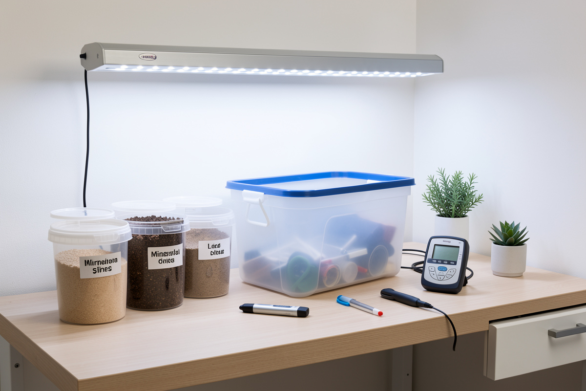 Indoor hydroponics nutrient station with dry mineral salts, reservoir tote and EC meter