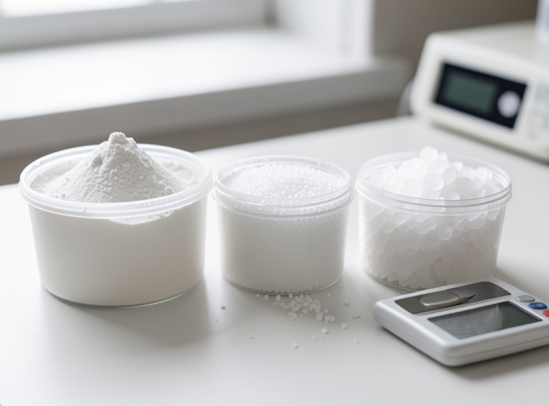 Three open containers of dry hydroponic salts on a workbench: white Masterblend powder, calcium nitrate prills, and epsom salt crystals beside a gram scale